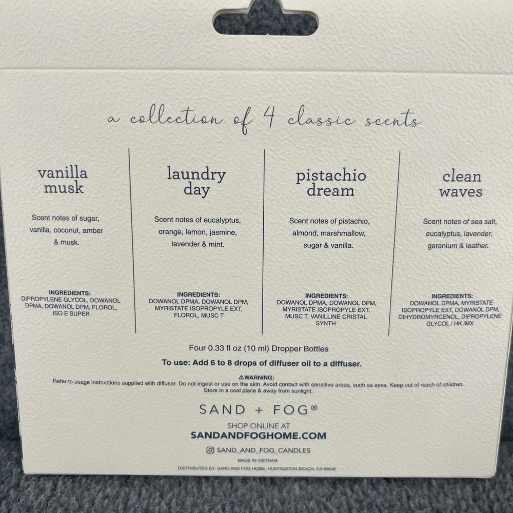 Sand + Fog Fragrance Diffuser Oils Set of 4 Vanilla Laundry Pistachio Clean wave